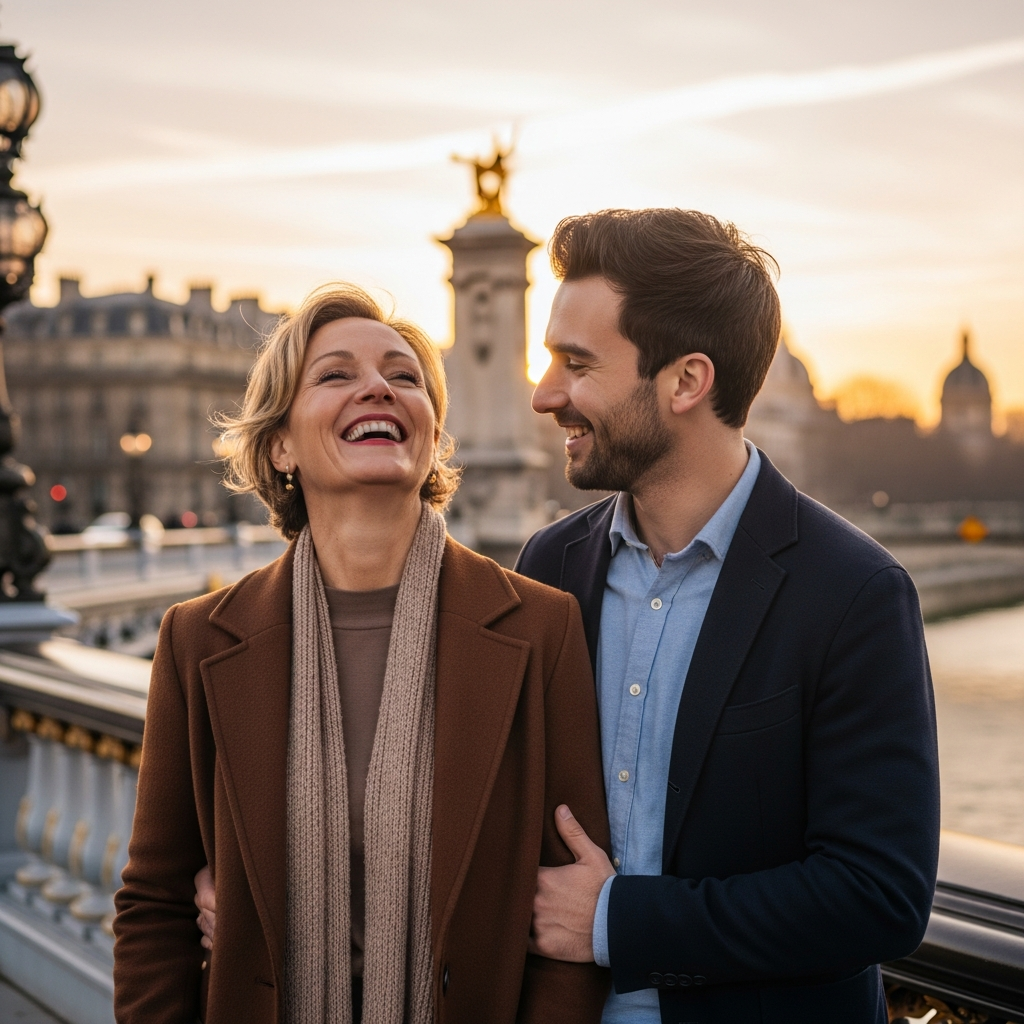 Couple cougar heureux sur un pont parisien