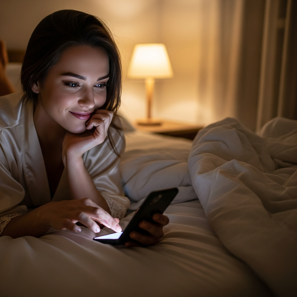 Femme mature envoyant un message coquin sur son téléphone