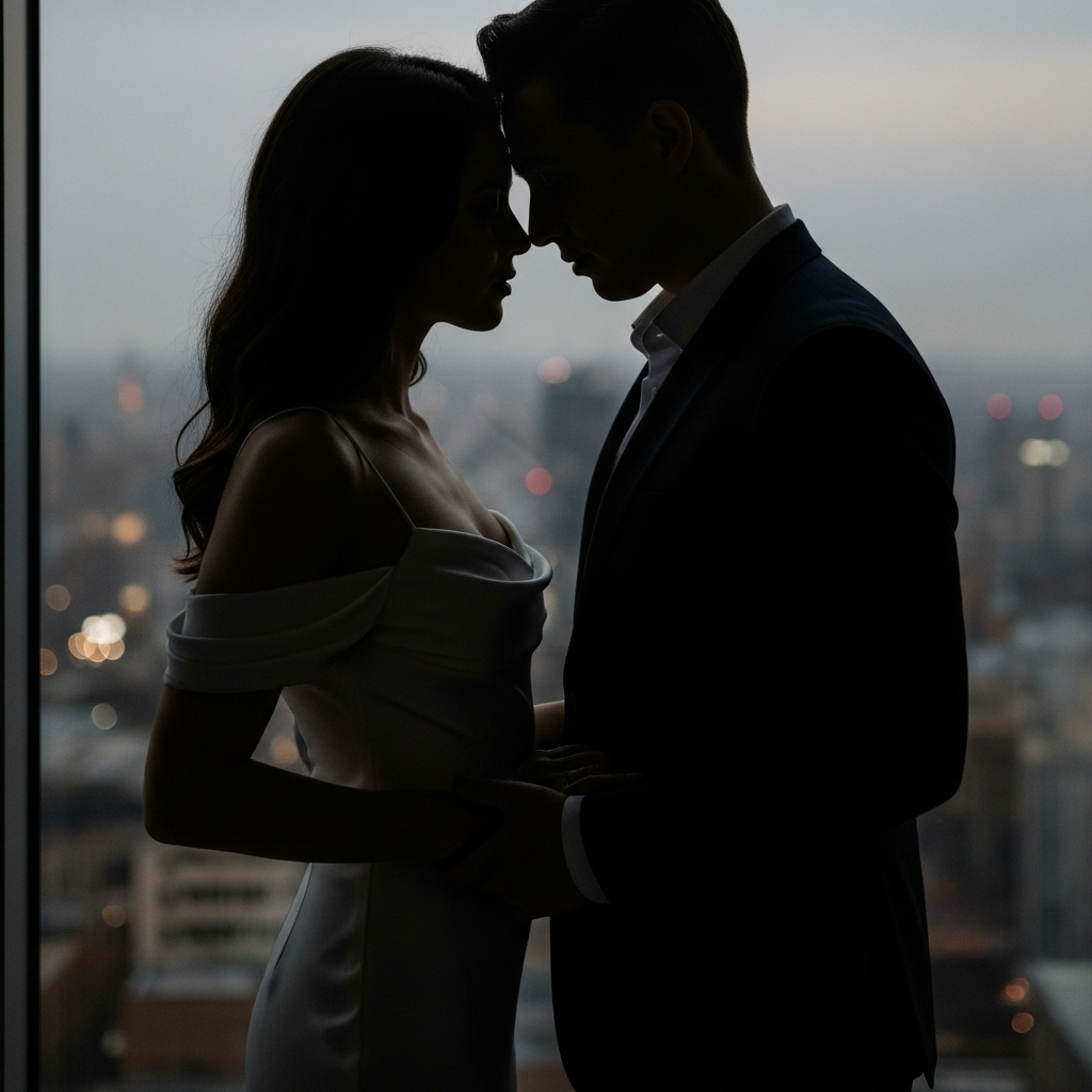 Silhouette d'un couple enlacé devant les lumières de la ville la nuit